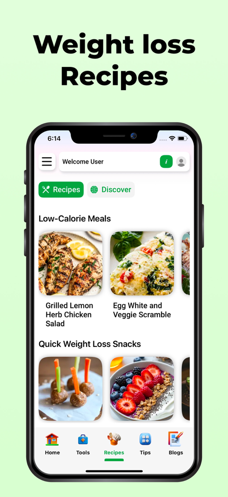 BMI-Calculator Weight App - Interfaz de la app Calculadora de IMC que muestra una colección de recetas para perder peso bajas en calorías y snacks saludables.