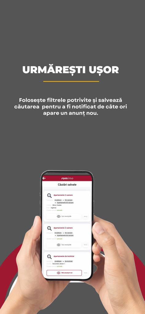 Romimo - A smartphone displaying the saved searches screen of the Romimo real estate app with listings for apartments