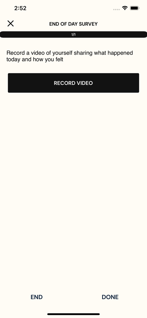 ExpiWell - ExpiWell end of day survey screen with a record video button