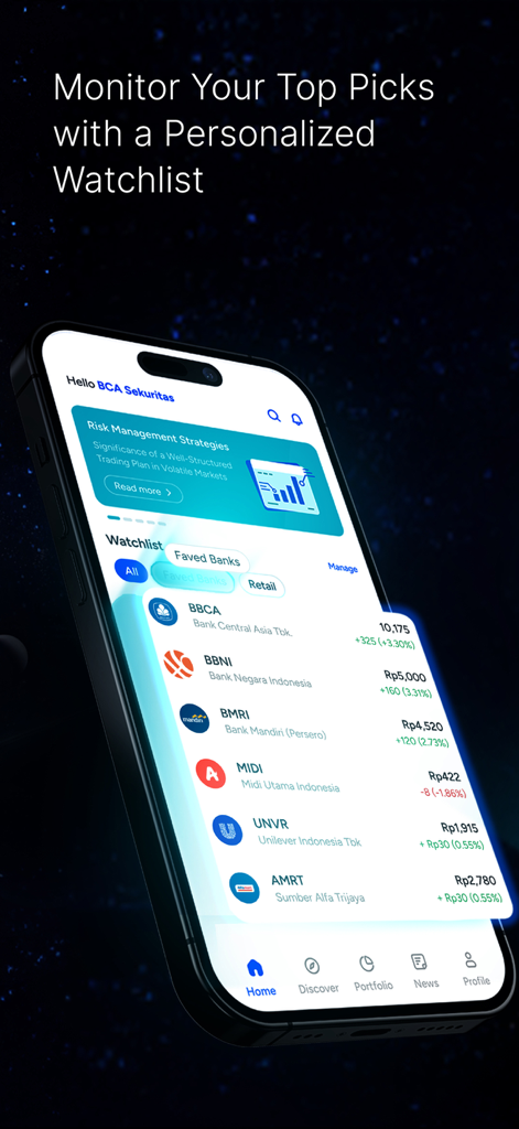 BCA Sekuritas mobile - BCA Sekuritas mobile app interface displaying a personalized stock watchlist on a smartphone screen.
