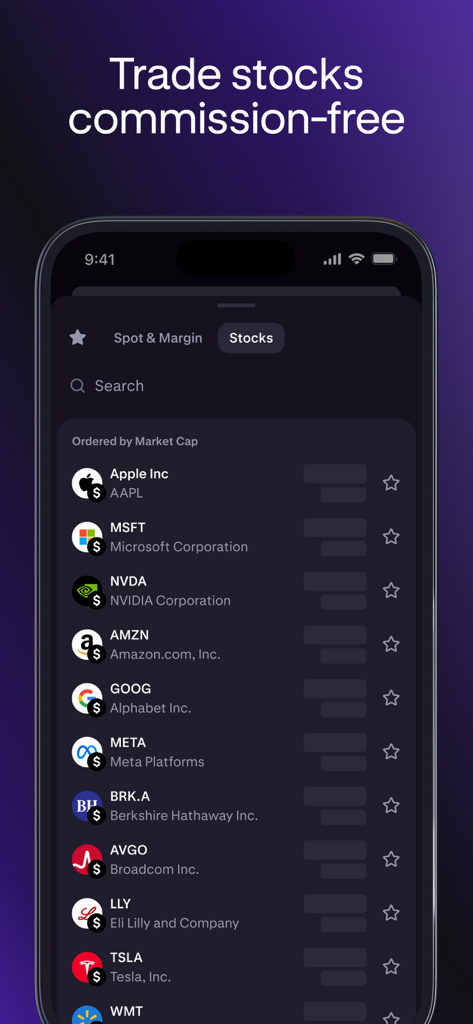 Kraken Pro: Advanced Trading - Une interface mobile de l'application Kraken Pro affichant une liste des meilleures actions américaines classées par capitalisation boursière pour le trading sans commission.