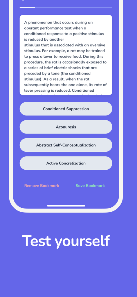 Psychology Dictionary - Interfaz de la aplicación Diccionario de Psicología mostrando un cuestionario de opción múltiple para términos clínicos titulado Ponte a prueba.