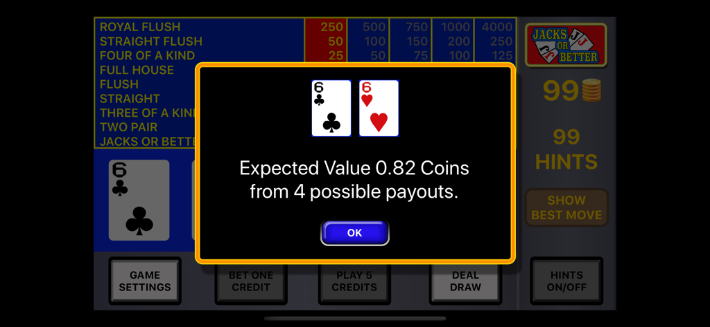 Video Poker Strategie App, die die Berechnung des erwarteten Werts für eine Hand anzeigt