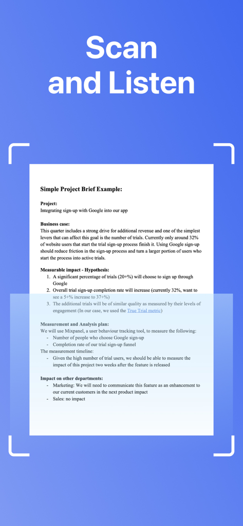 Text to Speech - Reading Apps - Una captura de pantalla de una aplicación móvil que muestra la función de escanear y escuchar capturando un documento de descripción de proyecto profesional para su conversión a texto a voz