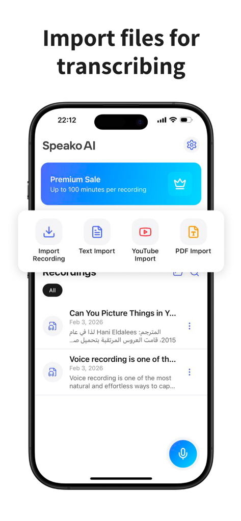 Speako AI mobile app interface showing a menu to import recordings, text, YouTube links, and PDF files for transcription.