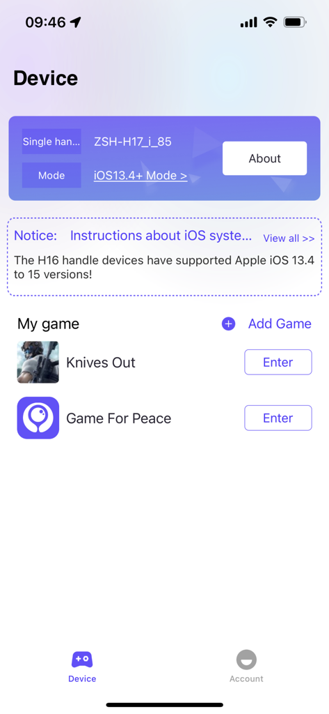 MooWii Gaming - MooWii Gaming app screen showing connected gaming peripheral and mobile games library