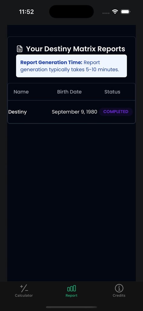 特定の生年月日に対する完了済みレポートステータスを示すDestiny Matrixレポートのリスト