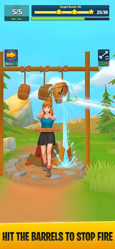 Une capture d'écran du jeu de tir à l'arc Aim Master montrant une flèche frappant un baril d'eau pour éteindre un feu de camp près d'un personnage.
