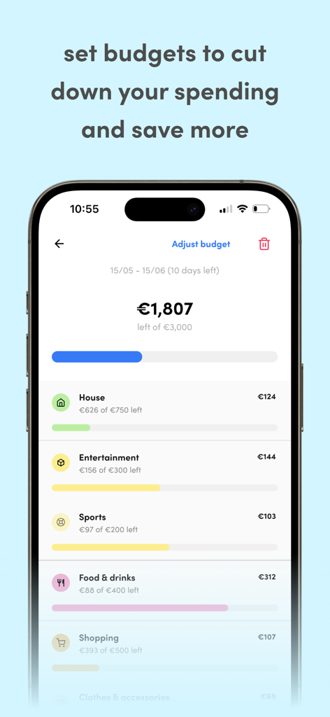 Dyme app interface showing budget categories like house, entertainment, and sports with remaining balance progress bars.