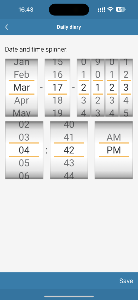 TrialMax App - TrialMax app interface showing a date and time spinner for a daily clinical trial diary entry.
