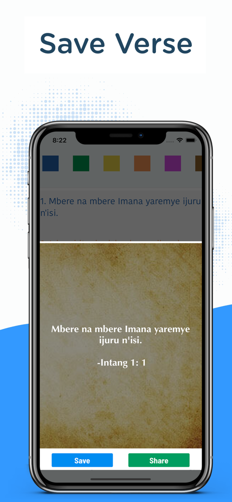 Kinyarwanda Bible app interface for saving and sharing verse images