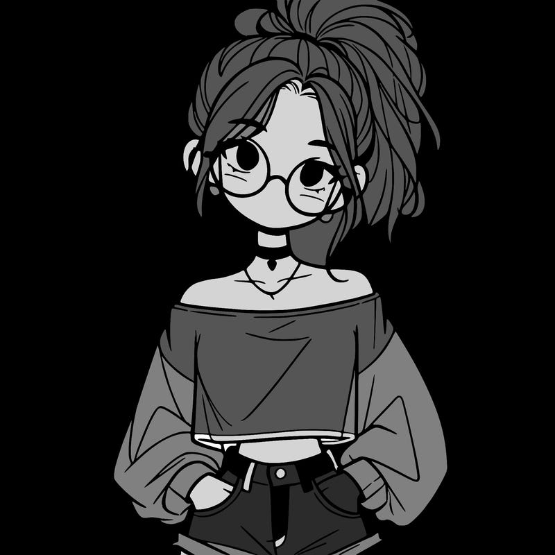 girl with a messy ponytail glasses a baggy crop top and jean shorts