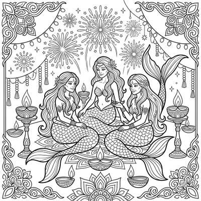 Discover a unique fusion of myth and festivity with this enchanting coloring page featuring elder mermaids celebrating Diwali. Adorned with traditional diyas, fireworks, and intricate patterns, it's a vibrant scene waiting for your creative touch.