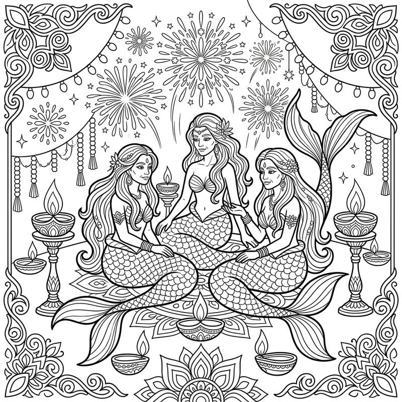 Discover a unique fusion of myth and festivity with this enchanting coloring page featuring elder mermaids celebrating Diwali. Adorned with traditional diyas, fireworks, and intricate patterns, it's a vibrant scene waiting for your creative touch.