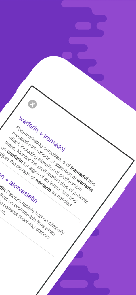 Drug Interaction Checker + - Écran de l'application mobile MedTap affichant un rapport clinique d'interaction médicamenteuse entre la Warfarine et le Tramadol