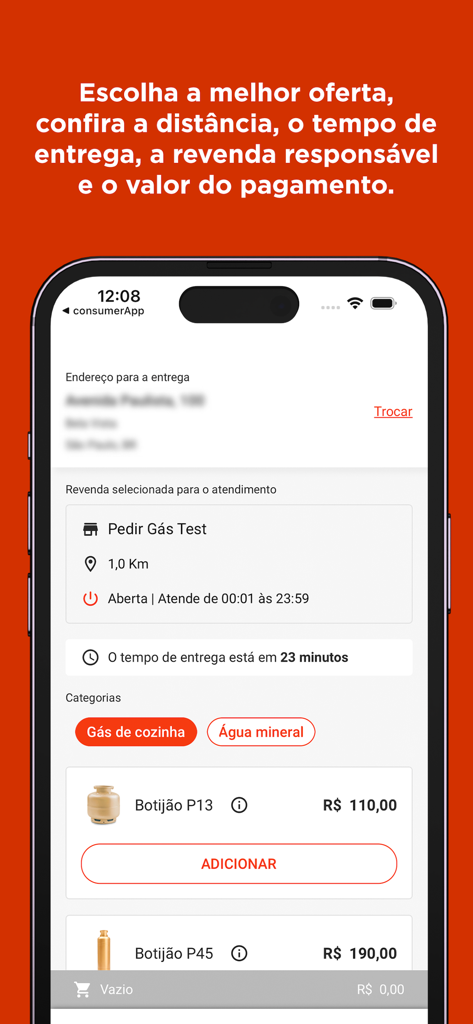 Pedir Gás | Supergasbras - Supergasbras mobile app screen showing cooking gas cylinder prices and delivery time estimates