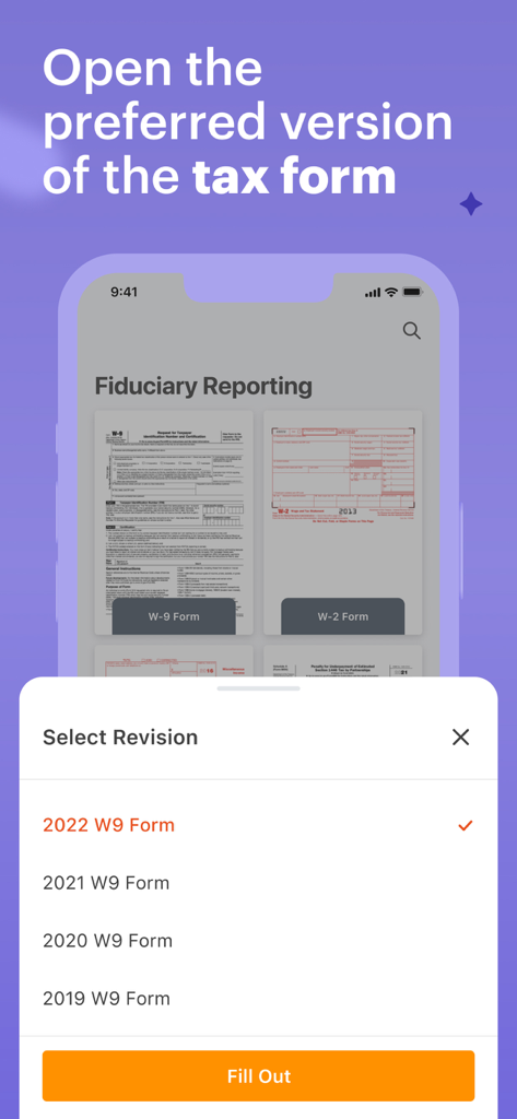 e-taxfiller: Edit PDF Forms - A mobile interface of the e-taxfiller app showing a list of W-9 tax form revisions by year for selection.