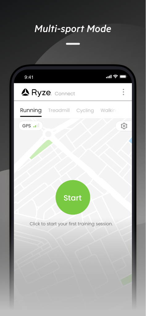 Ryze Connect - Ryze Connect app interface showing the multi sport mode for running with a map and start button.
