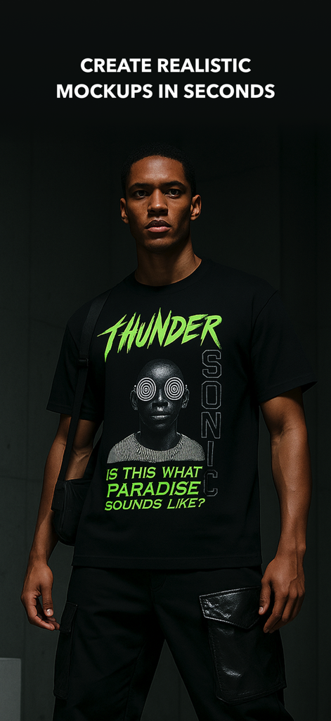 FLYP - Fashion Design Studio - Ein realistisches Mode-Mockup eines schwarzen Grafik-T-Shirts an einem männlichen Model