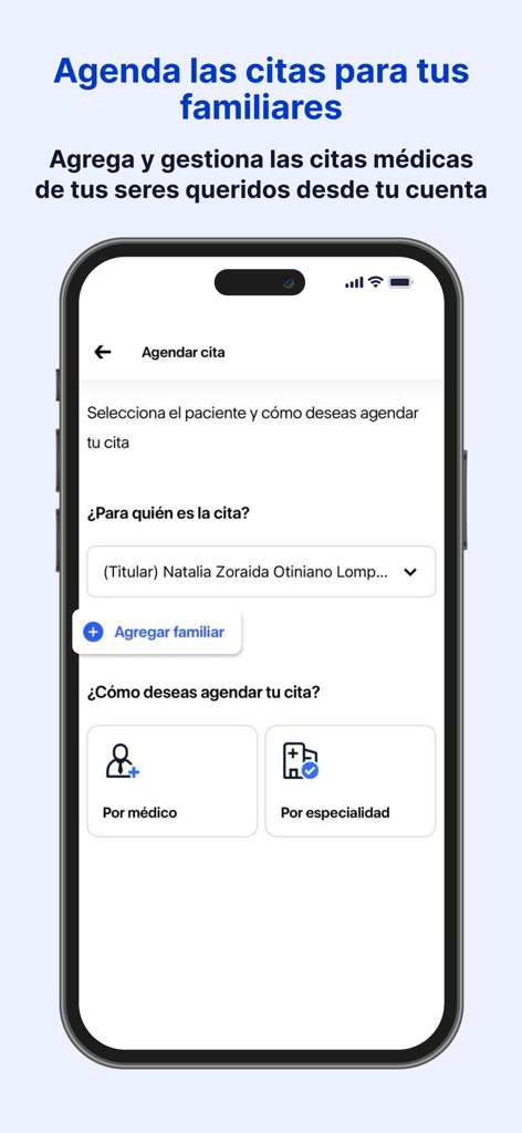 Clinica Internacionalアプリで家族の診察予約をする方法を示すモバイルアプリの画面