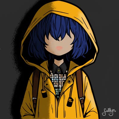 little anime girl in a raincoat her hair is covering her eyes she has a lighter
