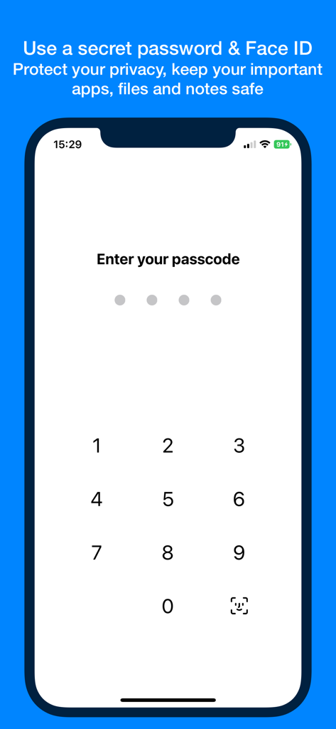 Schermata di inserimento del codice di AppLocker con tastierino numerico e opzione Face ID