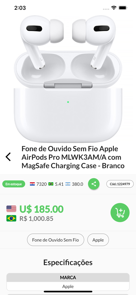 Mega Eletrônicos - Mega Eletronicos app product screen showing Apple AirPods Pro with prices in USD and BRL and local currency exchange rates