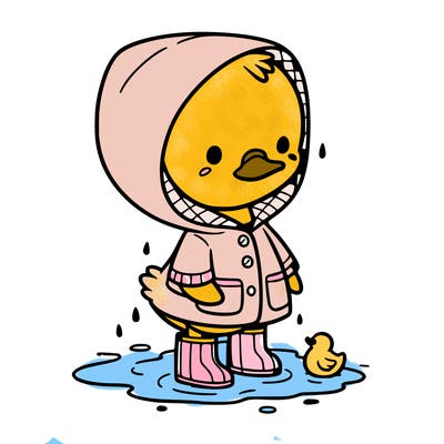 baby duck in a rain coat and boots, in a puddle while it’s raining