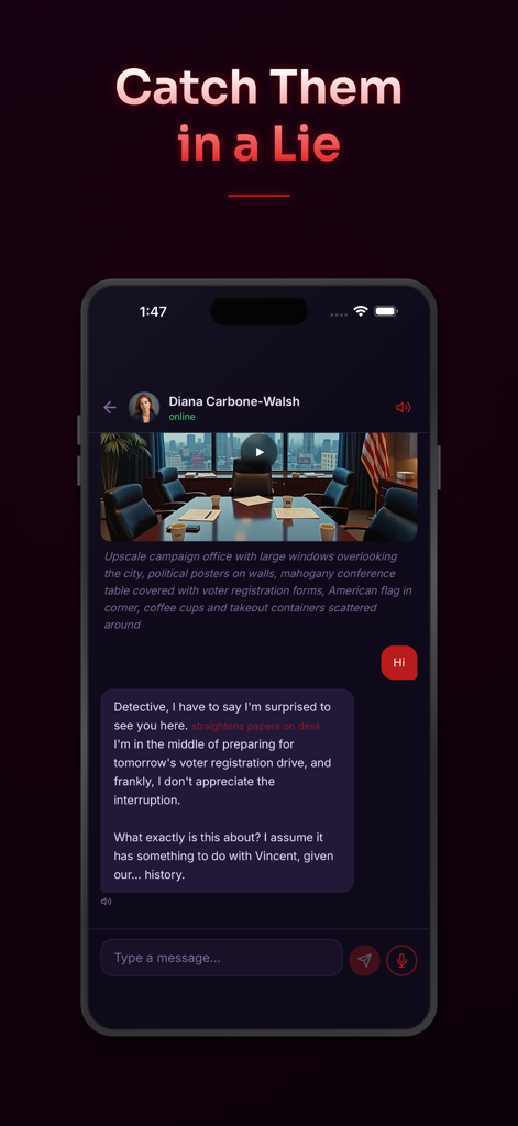 Mystery Lab: Case Files - Uma interface de chat no aplicativo Mystery Lab onde o jogador interroga um suspeito de IA