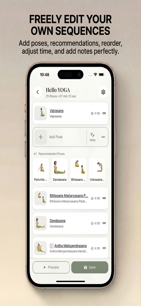 YOGANARY - AI Yoga Sequences - Smartphone screen showing the YOGANARY app interface for creating and editing custom yoga sequences