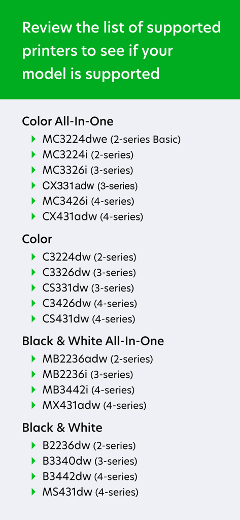 Lexmark - Lista de modelos de impressoras Lexmark suportados, incluindo séries All-in-One Coloridas e Preto e Branco.