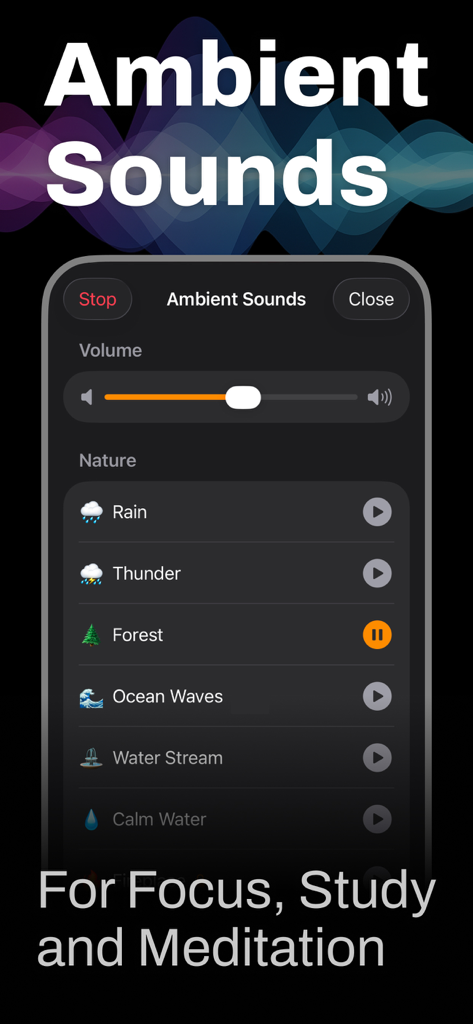 Reading Light Glowow - Reading Light Glowow app interface showing ambient nature sounds for focus study and meditation