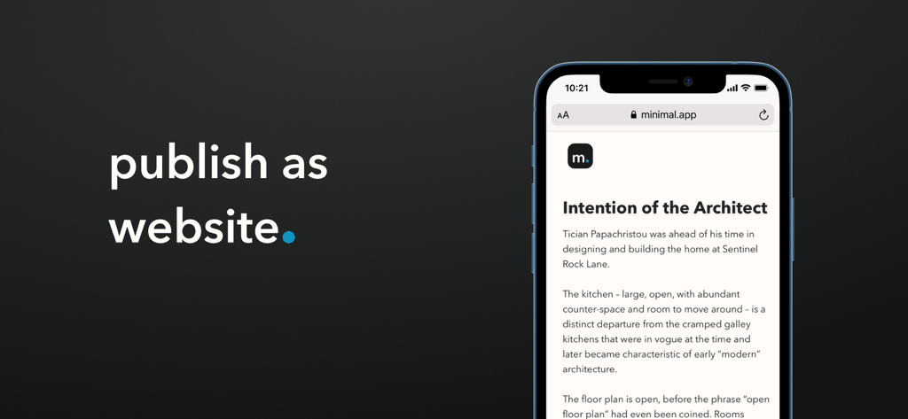 Minimal | Writing + Notes - An iPhone displaying a published note as a clean website using the Minimal app feature.