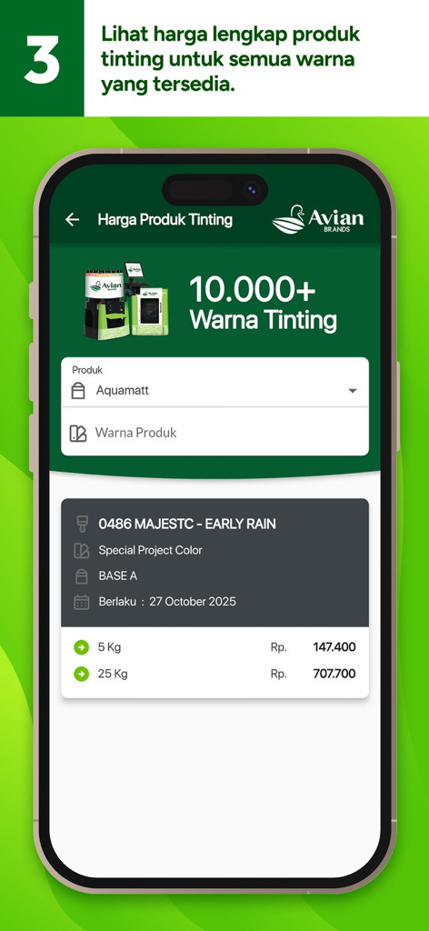 Avian Brands - Schermata dell'app mobile Avian Brands che mostra informazioni sui prezzi per prodotti di tintometria delle vernici e opzioni di colore.