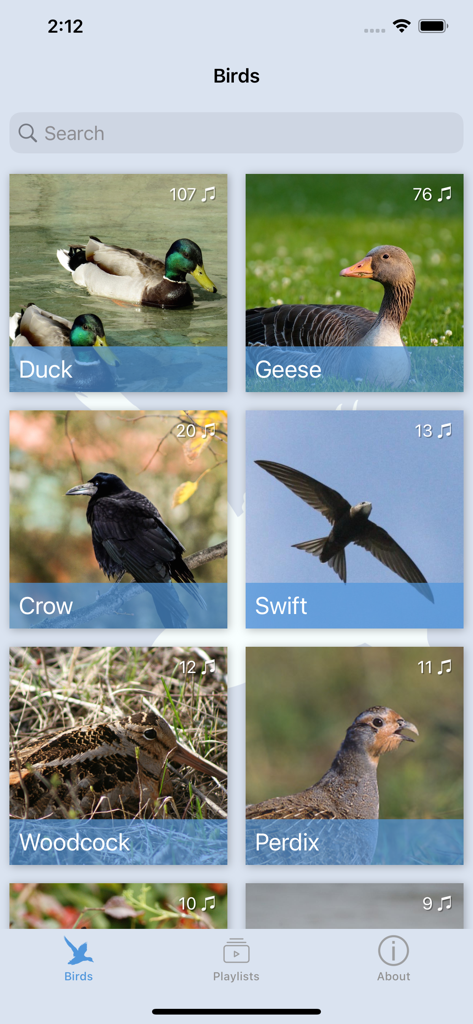 Bird decoy - Interface do aplicativo Espantalho de Pássaros mostrando diferentes categorias de sons de pássaros como Patos Gansos e Corvos