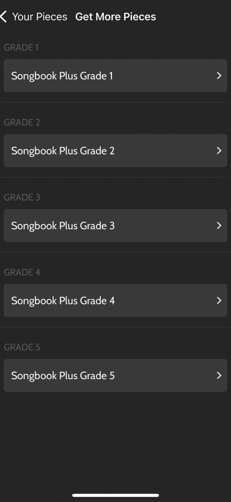 ABRSM Singing Practice Partner - A screen from the ABRSM Singing Practice Partner app showing Songbook Plus content for Grades 1 through 5
