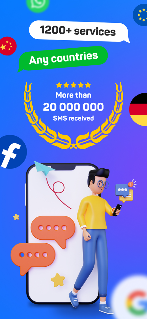 SMS activate | Virtual SIM - Marketing screen for SMS activate showing support for over 1200 services across any country with over 20 million SMS received.