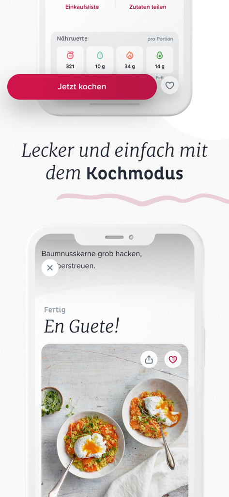 Betty Bossi app interface showing cooking mode and nutritional values for a healthy recipe