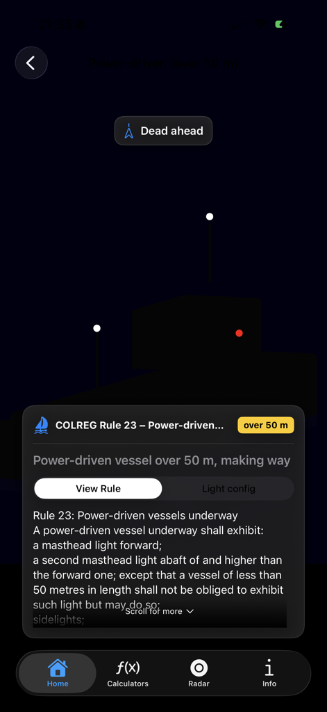 Educational screen explaining COLREG Rule 23 for power-driven vessels over 50 meters in the Maritime Master app.