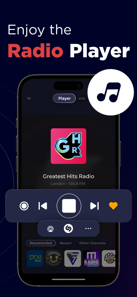 Radio UK app interface showing the live radio player with Greatest Hits Radio and playback controls.