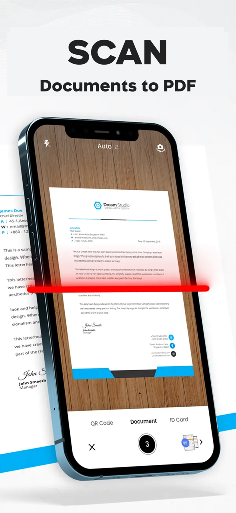 Photo to PDF Converter Doc - Pantalla de iPhone mostrando un documento siendo escaneado y convertido a PDF usando la app Do Scan