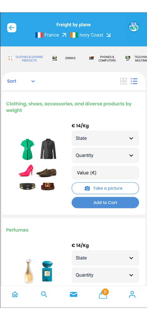 GS colis - GS colis app screen for selecting air freight items like clothes and perfumes for shipping from France to Ivory Coast