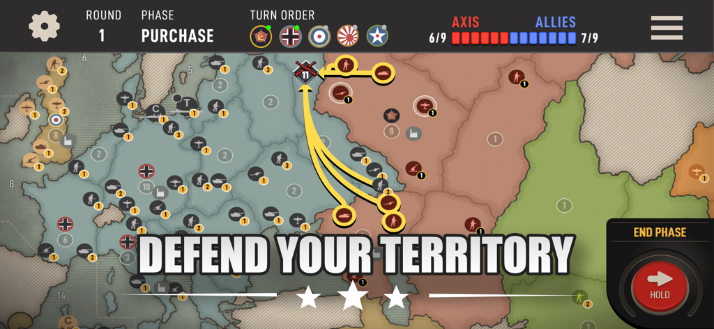 Vista de mapa estratégico del juego de Axis and Allies 1942 Online con el texto superpuesto 'Defiende tu territorio'