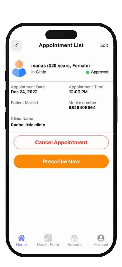 医師アプリのスクリーンショットで、患者の予約詳細と「今すぐ処方」ボタンを表示します。