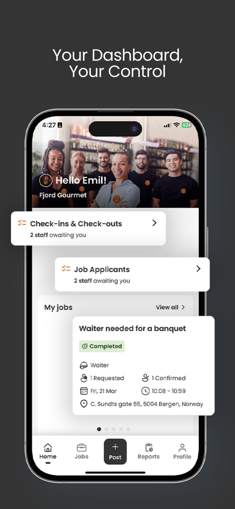 Time2Staff - Tableau de bord de l'application Time2Staff pour les employeurs gérant le personnel et les services dans l'hôtellerie.