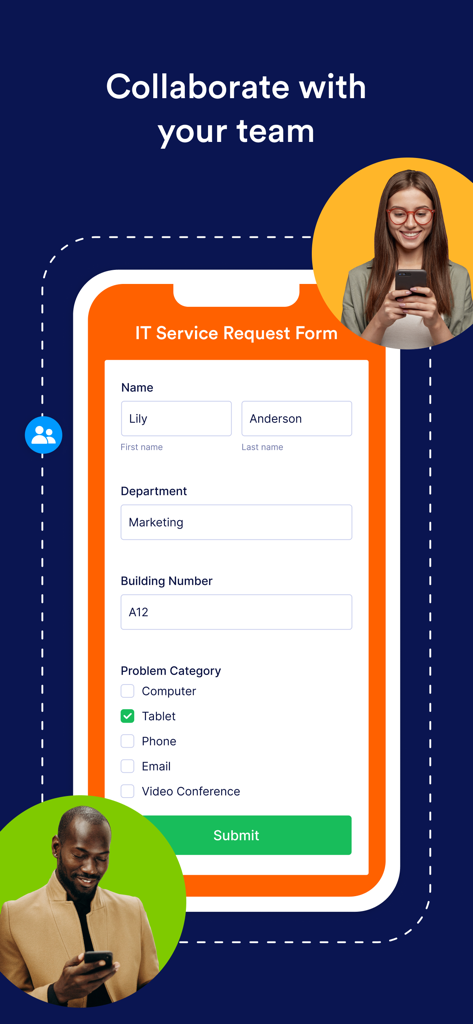 Jotform Enterprise Mobile App-Oberfläche, die ein IT-Serviceanforderungsformular mit Funktionen zur Teamzusammenarbeit anzeigt