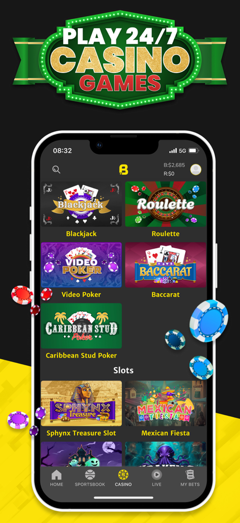 ブラックジャック、ルーレット、ビデオポーカー、スロットゲームを示すBet On Sportsアプリのカジノロビー
