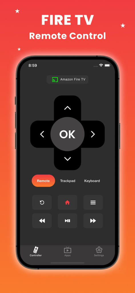 Tela do iPhone mostrando a interface do aplicativo Remote for FireStick com um direcional e controles de reprodução