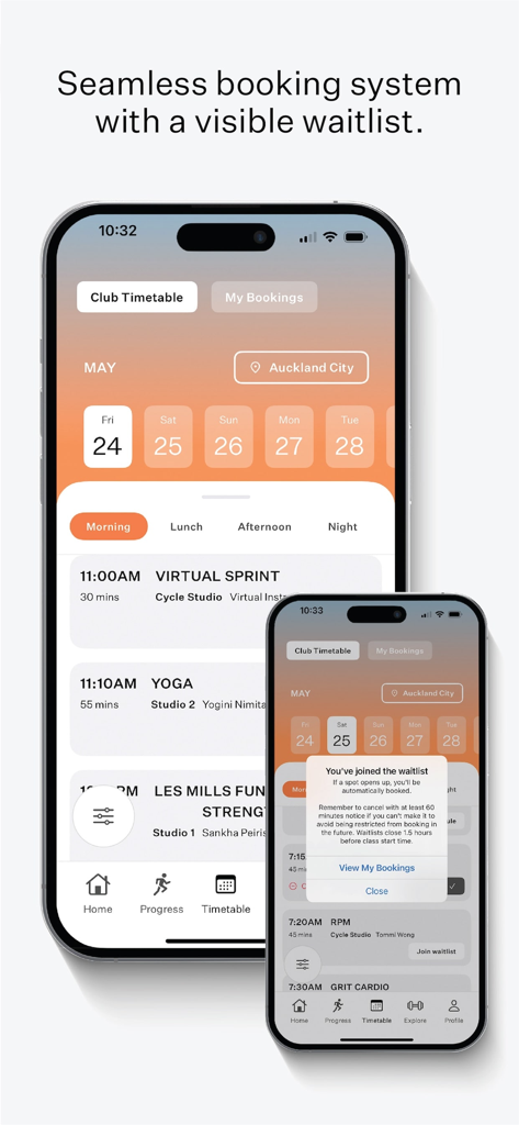 Les Mills New Zealand - Les Mills New Zealand app interface for class booking and waitlist tracking
