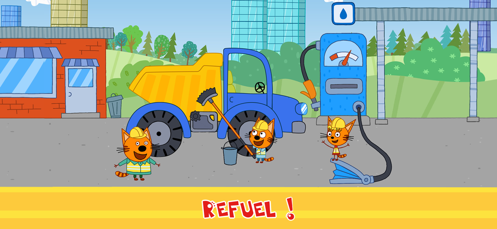 Kid-E-Cats: Building Car Games - Three cat characters from Kid-E-Cats refueling and cleaning a yellow and blue dump truck at a gas station